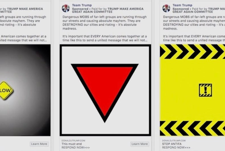 ANTIFA, publicités Facebook, Donald Trump, Mike Pence, triangle LGBTQ, nazis