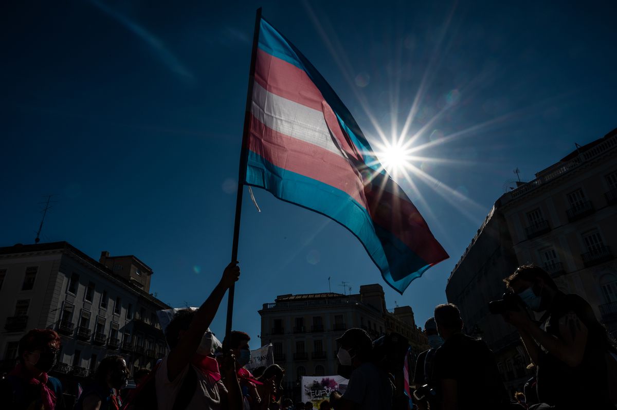 Un manifestant agitant le drapeau trans assiste à une manifestation où ...