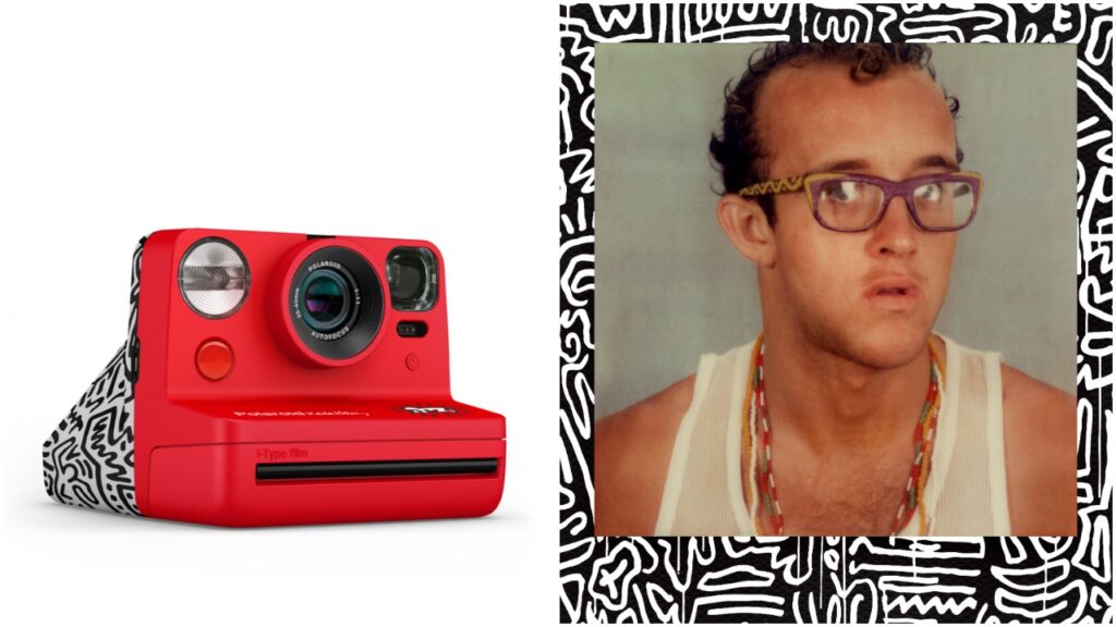 L'appareil photo et le pack de films Now Instant présentent des motifs en noir et blanc inspirés des œuvres d'art emblématiques de Keith Haring.  (© Keith Haring Foundation. Sous licence Artestar, New York)