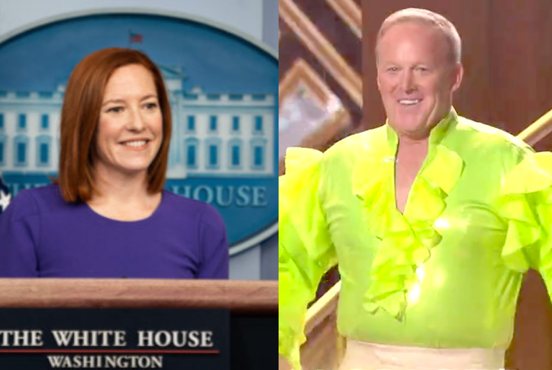 L'attachée de presse de la Maison Blanche Jen Psaki (à gauche) et l'ancien attaché de presse Sean Spicer (à droite)