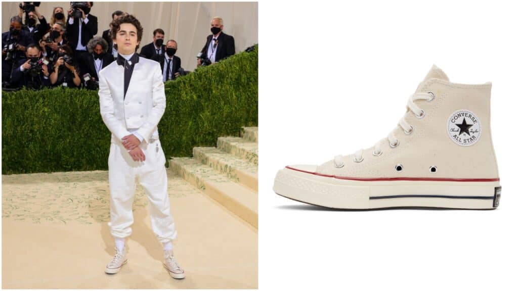 Timothée Chalamet a associé son costume Met Gala à des Converse Off-White montantes. 