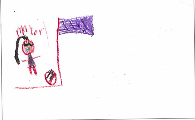 Un chiffre brut de bâton d'une personne debout à côté d'un drapeau.