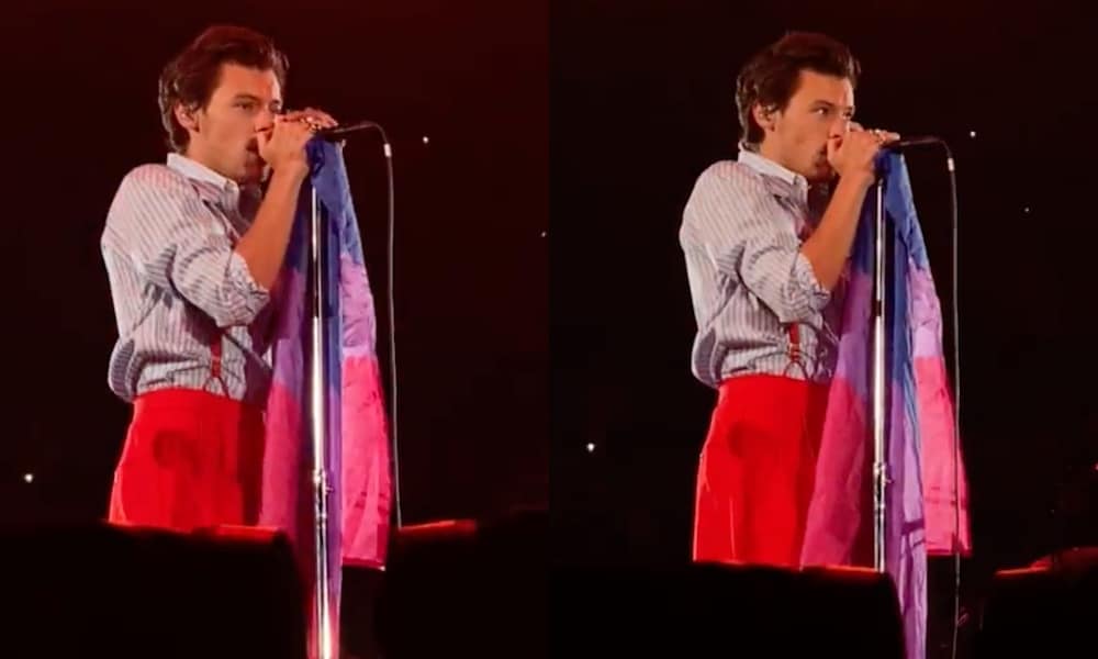 Harry Styles tient un drapeau bi Pride sur scène