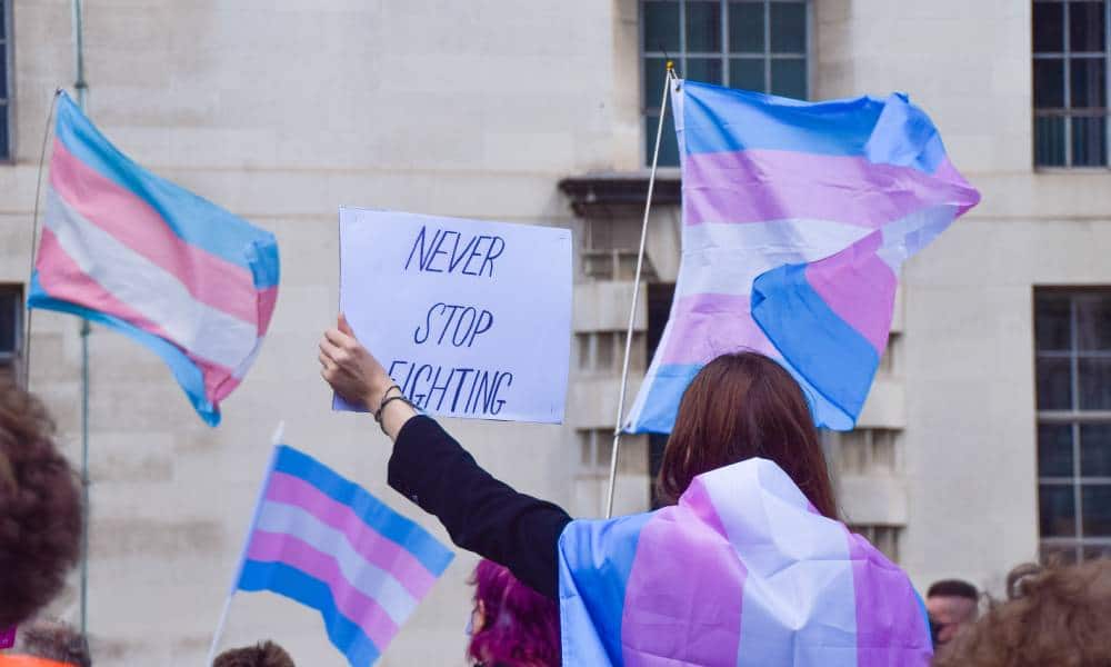 Un manifestant enveloppé dans un drapeau de la fierté trans tient une pancarte «Never Stop Fighting» lors de la manifestation pour les droits des trans