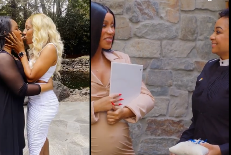 Les futures mariées Brandi et Shannon (à gauche) et la célébrante, Cardi B avec Raven-Symoné (à droite).