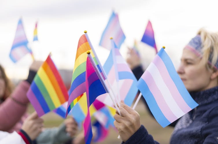 Un groupe de personnes brandit des drapeaux de fierté LGBT et trans