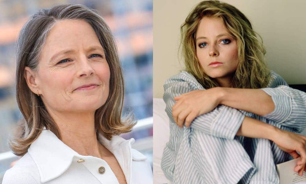Images côte à côte de Jodie Foster avec une image montrant l'acteur au Festival de Cannes tandis que l'autre est une image de Foster de 1987 pour promouvoir son film "L'accusé"