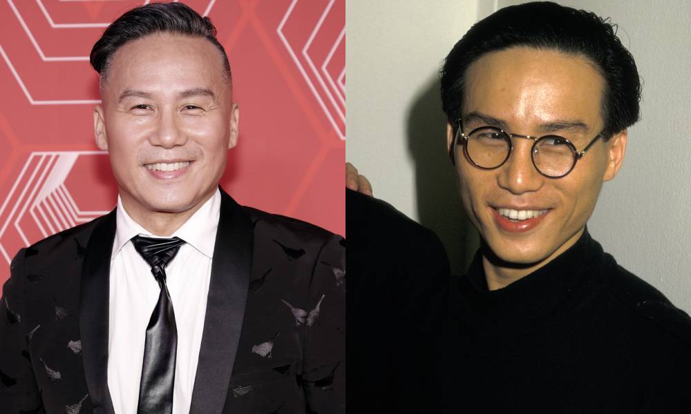 Images côte à côte de BD Wong de la 74e cérémonie des Tony Awards, puis une photo de l'acteur emblématique lors de la représentation de "M. Papillon" en 1988