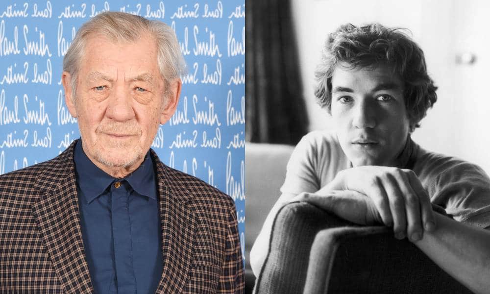 Images côte à côte de Ian McKellen avec une image montrant l'acteur assistant à la Fashion Week de Paris en 2020 tandis que l'autre montre McKellen dans son appartement en 1969