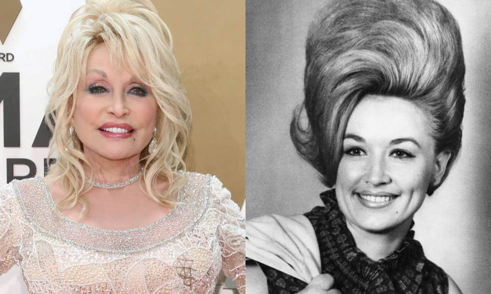 Images côte à côte de Dolly Parton des CMA Awards 2019, puis une photo de la chanteuse emblématique de 1965