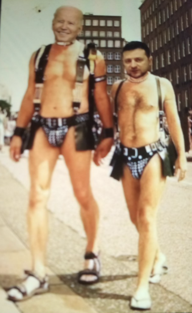 Publié sur Telegram aujourd'hui, un mème homophobe décrivant la relation entre le président Biden et le président Zelensky.