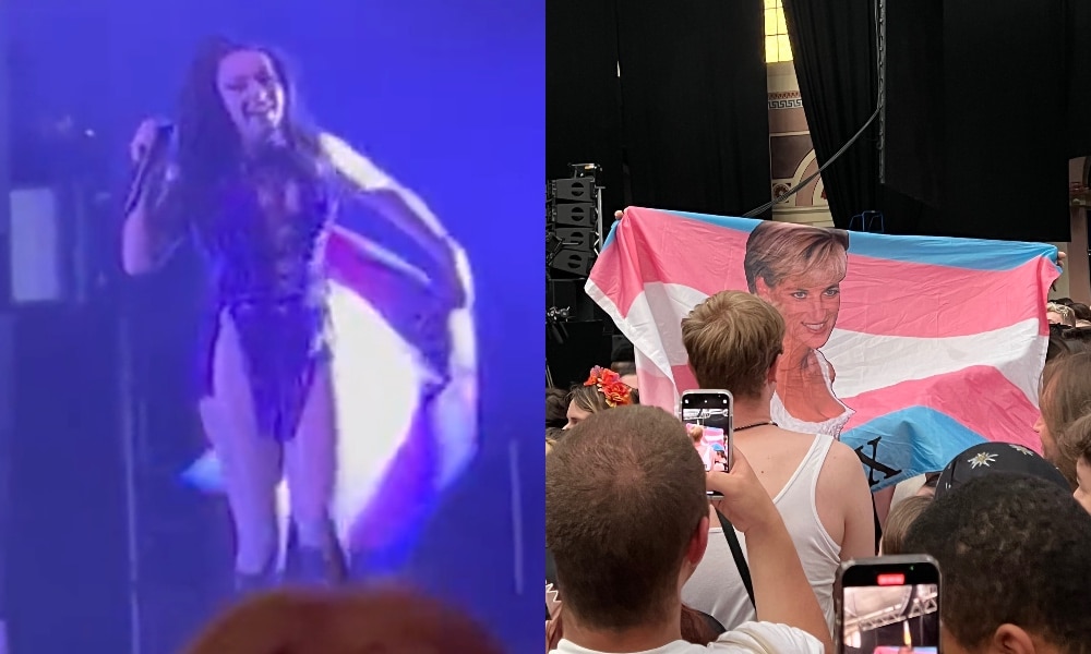 Charli XCX donne un discours émouvant aux fans alors qu’il est drapé du drapeau de la princesse Diana trans Pride A still of Charli XCX wrapping a trans Pride flag over herself and a photo of a trans Pride flag with Princess Diana printed on it being held by a fan
