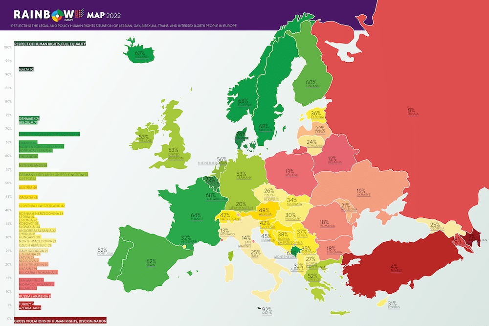 Le Royaume-Uni chute encore plus dans le classement des pays amis des LGBTQ en Europe ILGA Europe's 2022 Rainbow Map and Index