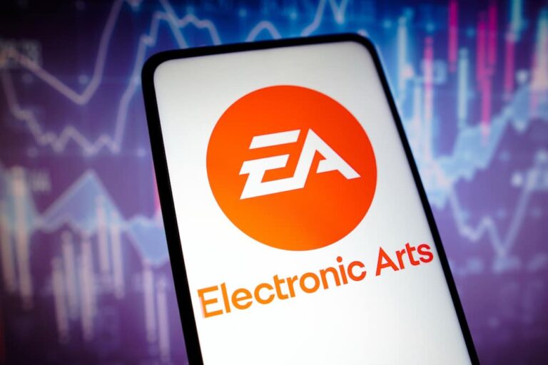 The logo for gaming company EA on a smartphone