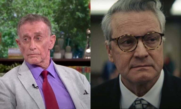 Michael Peterson de The Staircase qualifie la série d' »homophobe » Side by side images of Michael Peterson and Colin Firth in HBO Max's The Staircase. In the image on the left, Peterson wears a purple shirt, red tie and light grey jacket as he in being interviewed on This Morning. In the image on the right, Firth plays Peterson in the HBO Max series The Staircase. The actor is wearing a whit button up shirt, patterned tie and black jacket