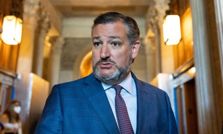 Ted Cruz wears a white button up shirt, red tie and blue suit jacket as he speaks with reporters in the Texas Capitol