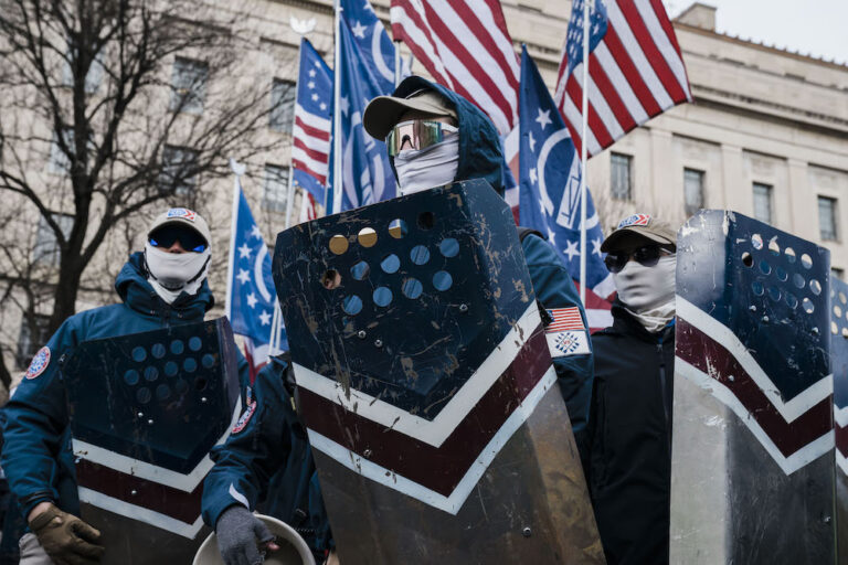 Patriot Front participate in an anti-abortion march in January 2022 in Washington, DC