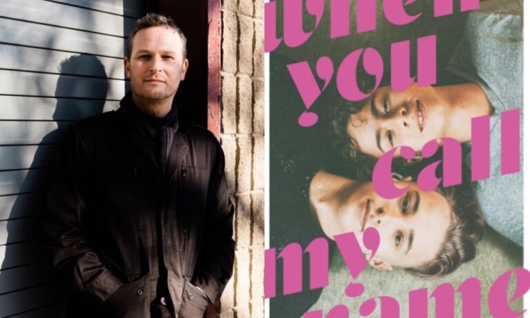 A picture of Tucker Shaw, author of When You Call My Name, on the left, with a picture of the UK cover of his AIDS era novel on the right.