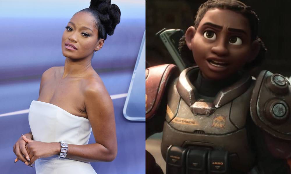 Keke Palmer fait l’éloge de l’inclusion LGBTQ + de Lightyear pour « représenter l’amour tel qu’il existe dans le monde » side by side images of Keke Palmer wearing a white dress at the premiere of Lightyear and her Lightyear character Izzy Hawthorne who is wearing an aged grey and red space suit