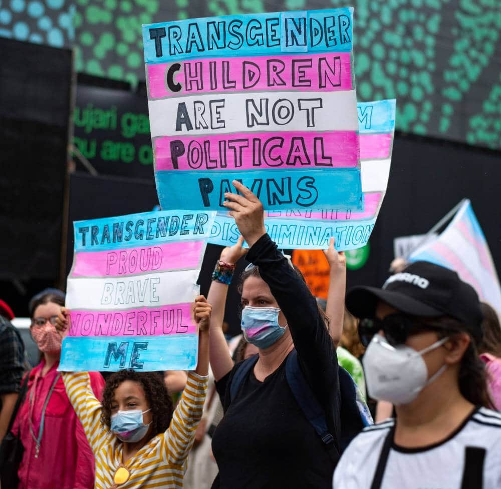 Deux personnes brandissent des pancartes en faveur de la communauté trans conçues avec des rayures bleu clair, roses et blanches.  Un panneau indique 