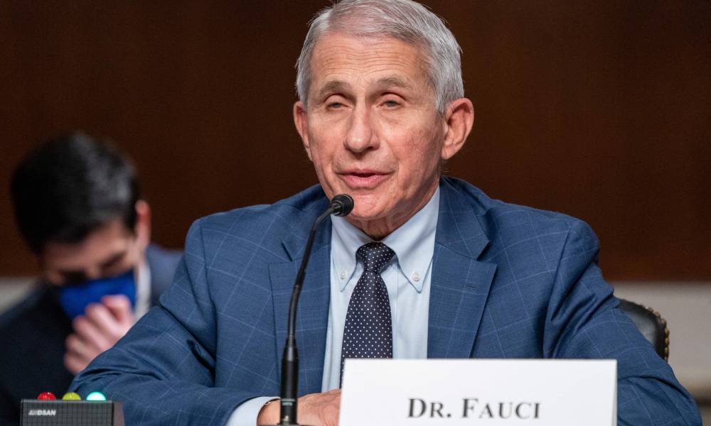 Le Dr Anthony Fauci est assis à une table avec une étiquette portant le nom « Dr Fauci » devant lui.  Il porte une chemise bleu clair, une cravate bleu foncé et une veste de costume bleu moyen