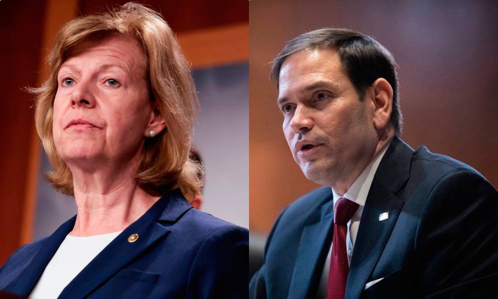 La sénatrice Tammy Baldwin a confronté Marco Rubio pour avoir qualifié le vote sur le mariage homosexuel de « stupide » In the image on the left, Tammy Baldwin wears a white shirt and blue blazer with a small golden pin as she stands at a podium. In the image on the right, Marco Rubio wears a white button-up shirt, red tie and blue suit jacket as he speaks to someone off camera