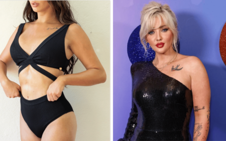 Danielle St James next to her designed swimwear