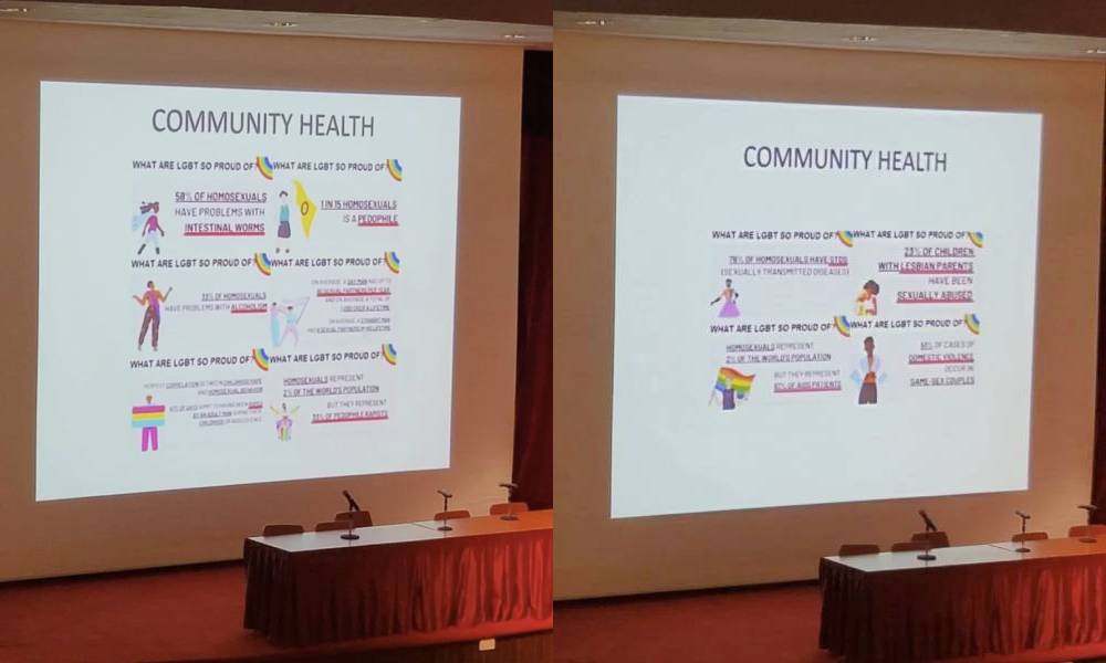 L’école suspend un enseignant des cours d’éducation sexuelle après avoir affirmé que « les hommes homosexuels ont des vers » Images of a presentation by a Hwa Chong Institution school presentation about "community health" containing false and unsubstantiated claims about LGBTQ+ people