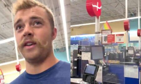 Stills captured from a video recorded by Ethan Schmidt. In the image on the left, Schmidt turned the camera on himself. He has a moustache and is wearing a blue shirt. In the image on the right, there is a small LGBTQ+ Pride flag displayed over a register at a PetSmart