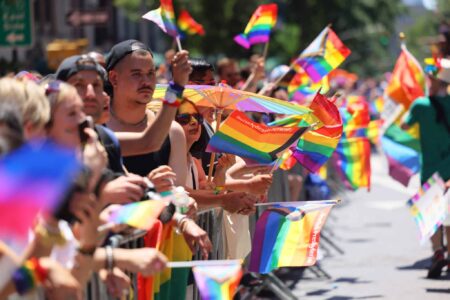In this photograph, people wave rainbow Pride flags at a barrier