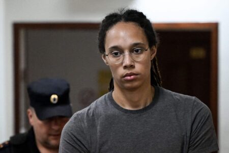 Brittney Griner walks through a Russian court