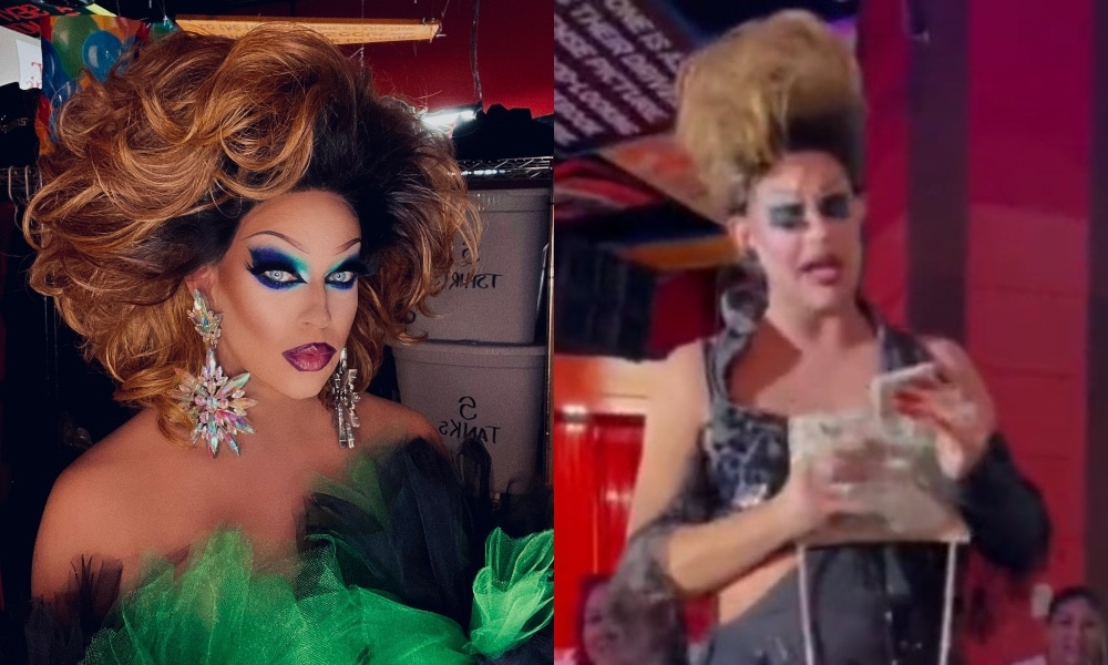 La star de RuPaul’s Drag Race nie avoir volé des centaines de sacs à main d’une femme pendant la représentation In this side by side, drag queen Shannel poses in drag and, in a screen capture of a video, holds a purse