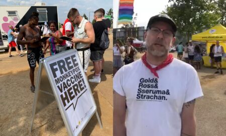 In the photograph on the left, people line up behind a sign at UK Black Pride that reads 'Free monkeypox vaccine here'. The image on the right is a still from a video in which Dr Will Nutland speaks to the camera while wearing a white shirt, red handkerchief and dark baseball cap
