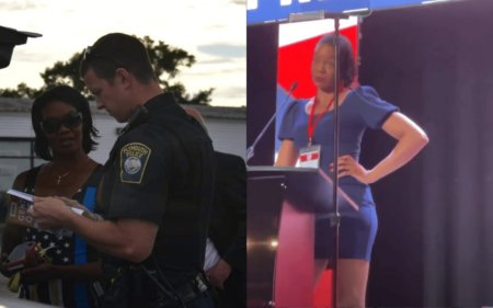 A split screen of Rayla Campbell, both beach searched by the police and speaking at an event.