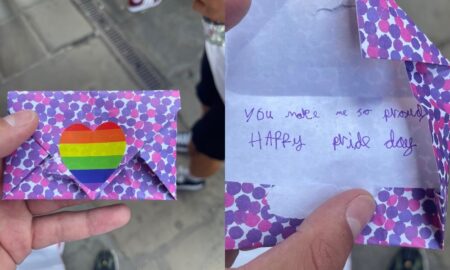 A side-by-side photo of an envelope with 'you make me so proud, happy pride day' written inside