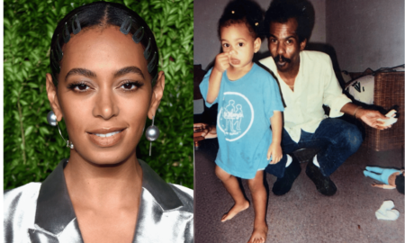 Two images are shown; the first on the left is of Solange Knowles as an adult, the second picture is of an old family photo showing Solange when she was a child with her uncle Johnny