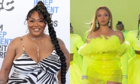 Side by side images of TS Madison wearing a black and white animal print outfit and Beyoncé performing on stage in a yellow-green outfit