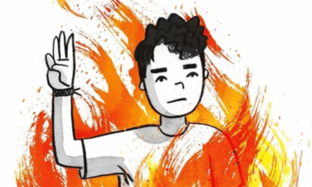 The cover of the booker Flamer with a young man holding his hand up surrounded by flames.