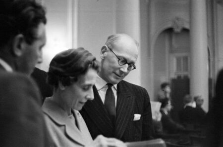 Sir John Wolfenden (right) meets members of the press at the Waldorf Hotel for discussions and questions on the Wolfenden Committee Report on Sport.