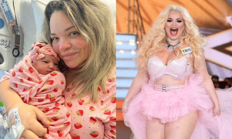 Collage of Trisha holding her baby and Trisha in a pink tutu leaving the Big Brother house