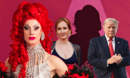 Collage of Divina, Trump, Rowling and the outline of a mystery drag queen