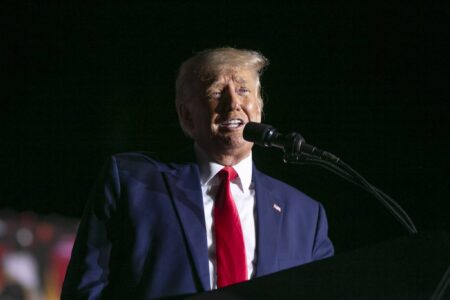 Former President Donald Trump speaks at a Save America Rally at the Aero Center Wilmingto