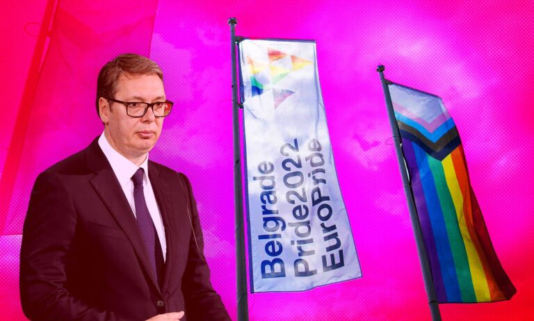 Aleksandar Vučić stands beside two Belgrade Pride flags