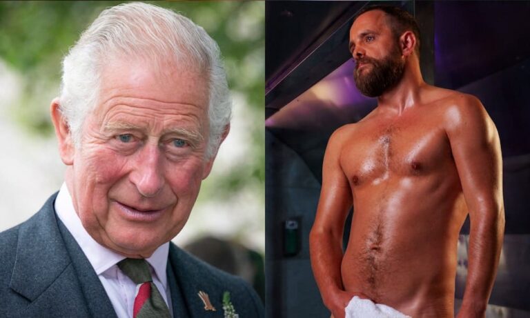 Side-by-side photos of King Charles III and a customer at Pleasuredrome