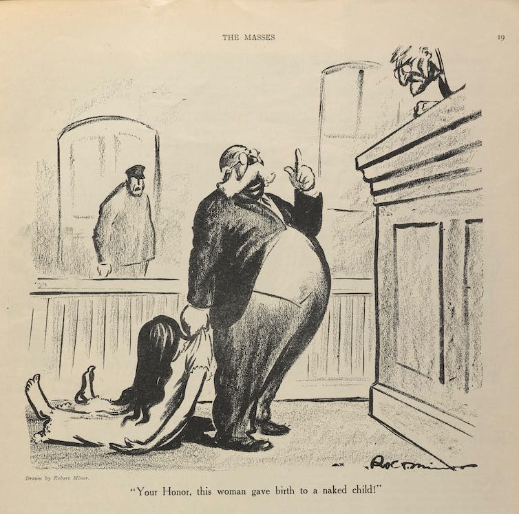 Dessin en noir et blanc montrant un homme rondouillard avec une moustache traînant une femme molle derrière lui jusqu'au banc d'un juge dans une salle d'audience