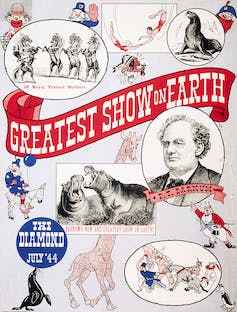 Publicité de cirque avec des dessins de clowns et d'animaux.