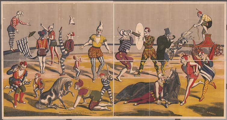 Une affiche de cirque mettant en vedette des clowns engagés dans divers hijinks.