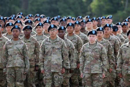 US Army soldiers participate in a Family Day ceremony while attending basic training at Fort Jackson.