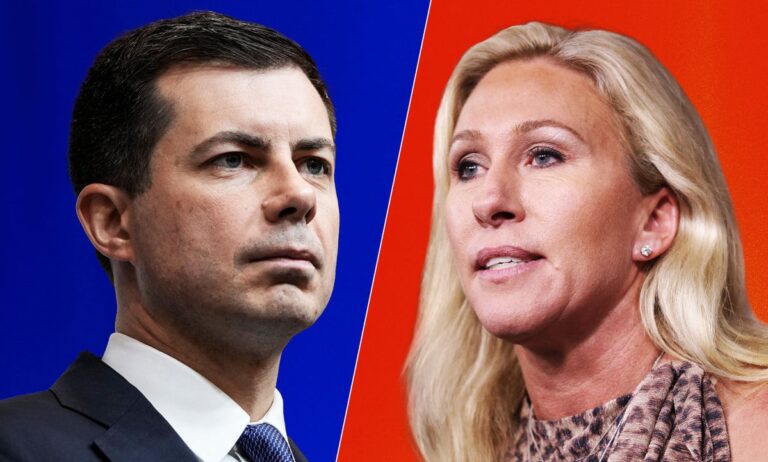 Side by side images of Pete Buttigieg and Marjorie Taylor Greene