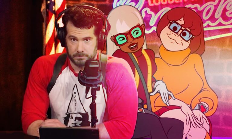 Steven Crowder next to an image of Velma and Coco Diablo